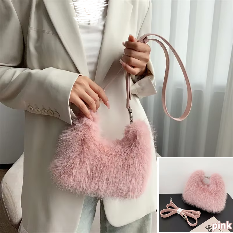 Luxury Faux Fur Ladies Shoulder Bags Soft Plush Female Evening Clutch Purse Handbags Women's Small Tote Fluffy Crossbody Bag New